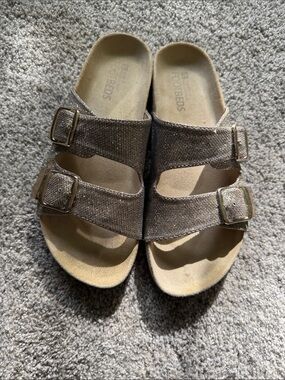 Women’s glitter Double-Buckle Slide Sandals. Color is sparkley gold.